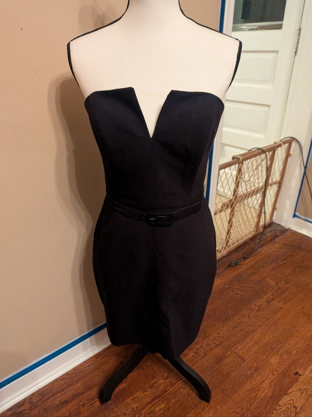 Bebe Strapless Black Cocktail Dress with V-Plunge and Pockets